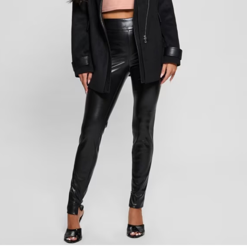 GUESS JET BLACK HIGH WAIST FAUX LEATHER SEAMED ZIPPER LEG LEGGINGS **NWT** - Picture 12 of 14